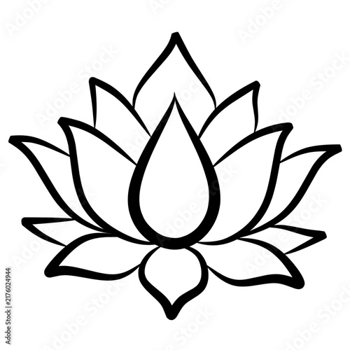 Symmetrical black line art of a blooming lotus flower. Clean botanical illustration. Ideal for wellness branding or yoga studios.