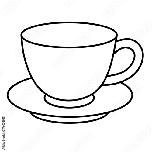 Black outline of a ceramic tea cup on a saucer over a solid background. Clean minimalist design. Perfect for cafe branding or coloring book activities.