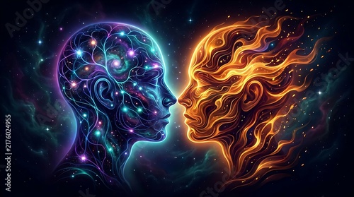 Two stylized human profiles facing each other representing fire and ice energy contrast.