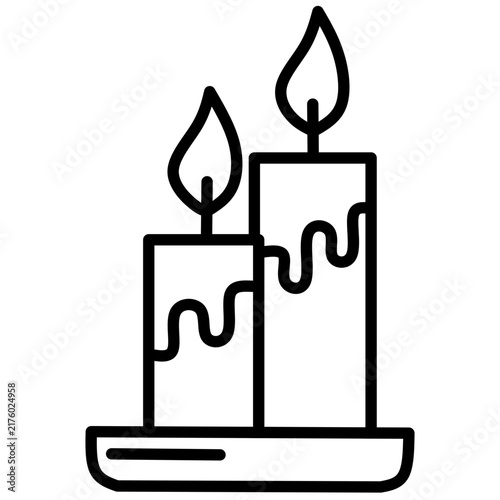 Black outline vector showing two candles with dripping wax and flames on a tray. Clean minimalist design. Perfect for spa relaxation or memorial service graphics.
