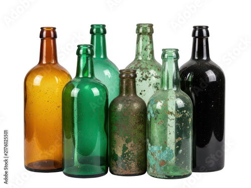 A collection of old and weathered glass bottles