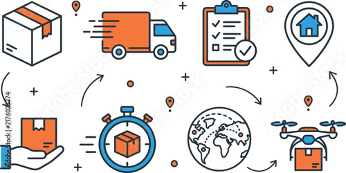 Logistics and Fast Delivery Service Icon Set with Shipping Truck Drone Package Location and Global Tracking Symbols for Logistics Websites and Apps