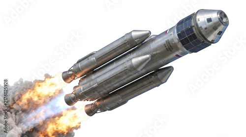 Obraz na plátně Large silver space rocket launching into the sky with bright fire and smoke comi