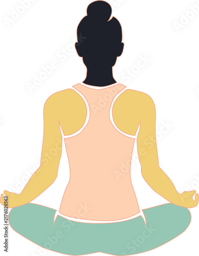 Minimalist vector illustration of a person meditating in lotus pose from behind wearing sportswear with white background meditation sportswear minimalist wellness mindfulness relaxation