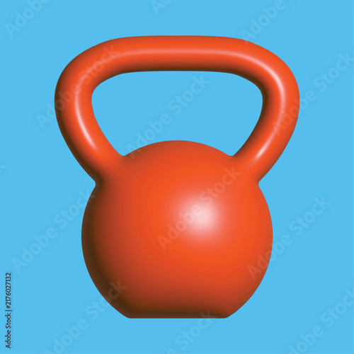 Realistic 3D bright orange kettlebell vector illustration on light blue background. Heavy gym weight equipment for fitness, bodybuilding and functional strength training graphic design element.
