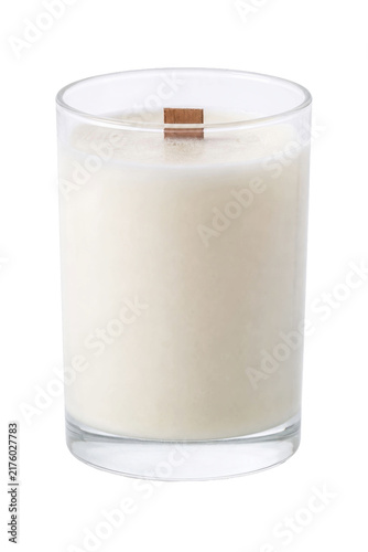 Картината върху платно Single elegant white scented candle with a wooden wick in a clear glass jar, iso