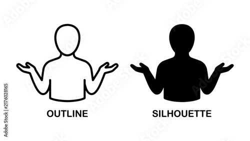 Foto Uncertainty and Indecision: Two simplified human figures, one as an outline and the other as a silhouette, with arms outstretched in a gesture of helplessness or confusion
