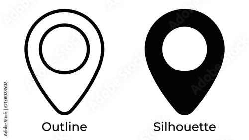 Location Pin Icon: A visual representation of a location pin, presented in both outline and silhouette forms, symbolizing navigation and point of interest.