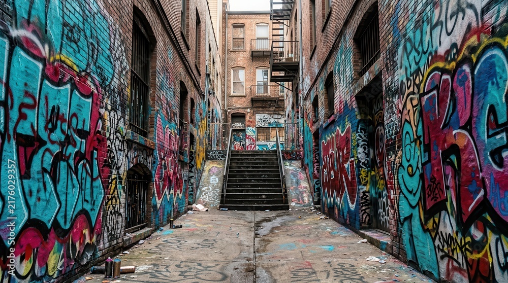 Naklejka premium Vibrant street art and graffiti doodles covering the walls of a narrow city alley.