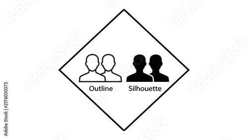 Bild auf Leinwand Outline versus Silhouette: A graphic representation comparing outlined human figures with solid silhouette figures, illustrating a concept of representation and form within a diamond frame