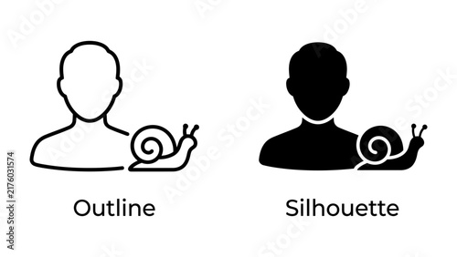 Konstfotografi Slow Progress Icon: A set of two icons, one an outline and the other a silhouette, depicting a person with a snail crawling alongside, symbolizing slow progress or a lack of speed