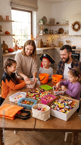 Family organizing Halloween candy in a cozy kitchen  
