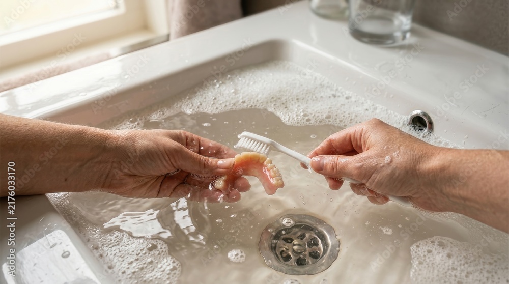 Fototapeta premium Hands cleaning dental dentures with white toothbrush over sink water