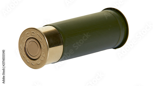 Canvas Print Green shotgun shell with brass primer, isolated on transparent background