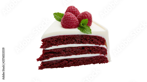 Foto Decadent red velvet cake slice with cream cheese frosting raspberries and mint l