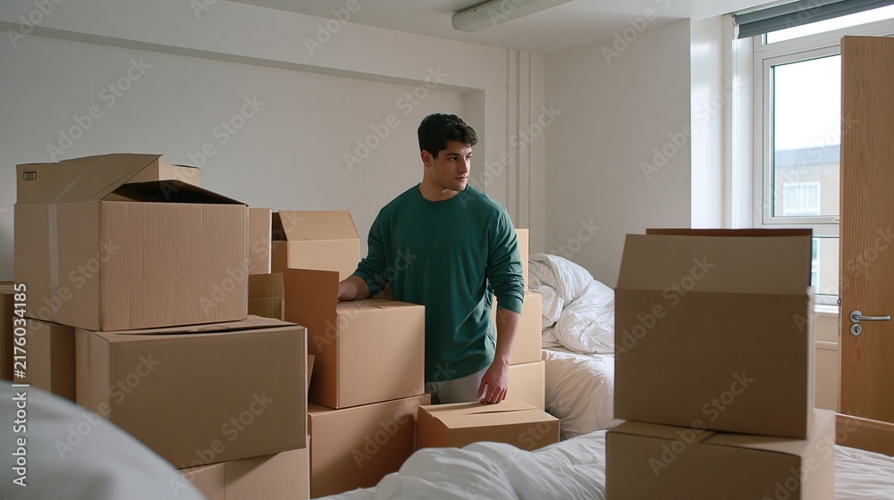 Fototapeta premium Man surrounded by stacked cardboard boxes in bedroom during moving day