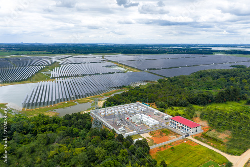 Aerial view of solar‑storage integrated power station with container energy storage