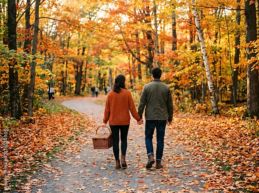 Fototapeta premium Couple walking along rustic autumn forest path carrying picnic basket.