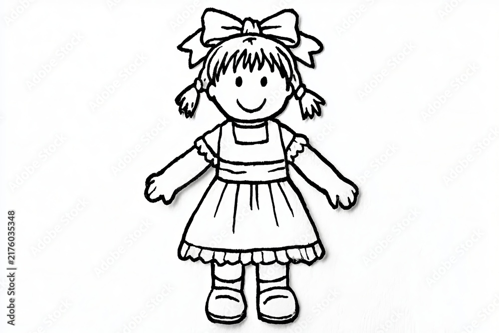 Fototapeta premium Minimalist Black And White Line Art Illustration Of An Isolated Cartoon Toy Doll On White Background