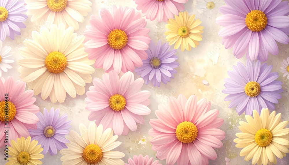 Fototapeta premium Seamless pattern of colorful spring daisy flower blossoms.