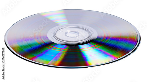 Shiny silver compact disc with rainbow spectrum reflections, isolated on transparent background