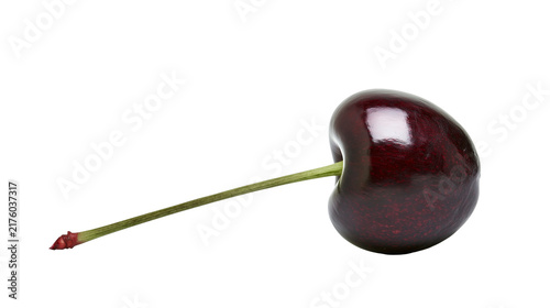 Dark red cherry with green stem isolated on transparent background
