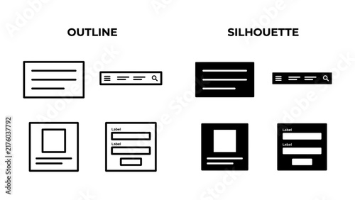 Fotografie UI Element Designs: A comparative display of outline and silhouette designs for various user interface elements, including navigation bars and content blocks, showcasing minimalist design principles
