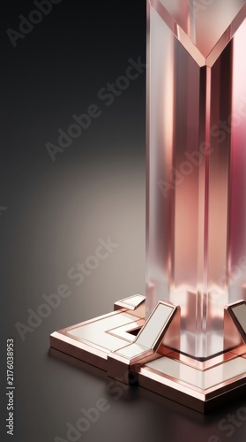Pink glass prism award on dark reflective surface for recognition and celebration