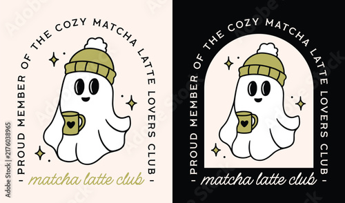 Matcha latte lovers club shirt design fall ghost with green tea cup halloween girls group logo badge sticker illustration. Spooky cute kawaii aesthetic cozy whimsical hot drink mug poster print card.