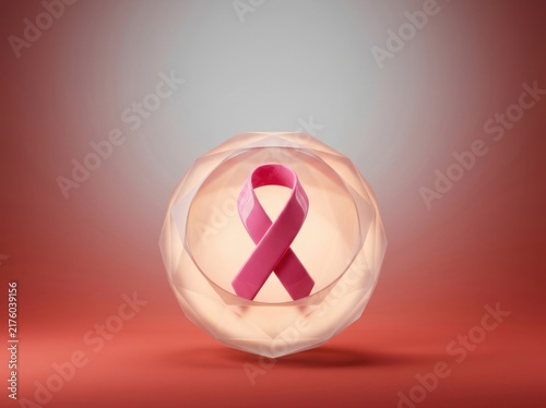 Breast cancer awareness pink ribbon inside a glowing orb on spatial background