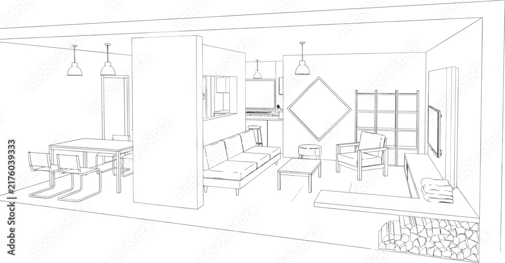 Fototapeta premium Modern open concept home interior line art illustration showing dining room, sofa seating area, and built-in firewood rack