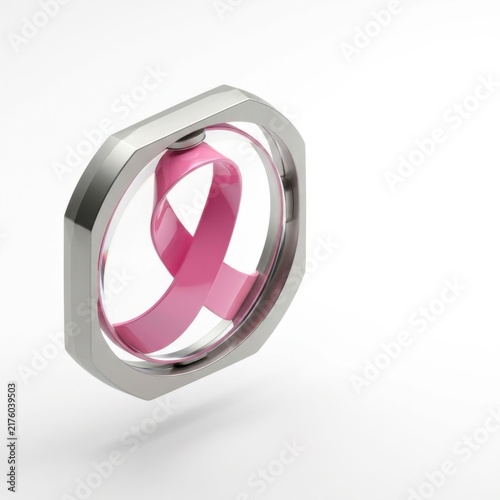 Breast cancer awareness pink ribbon inside a metallic ring conceptual background