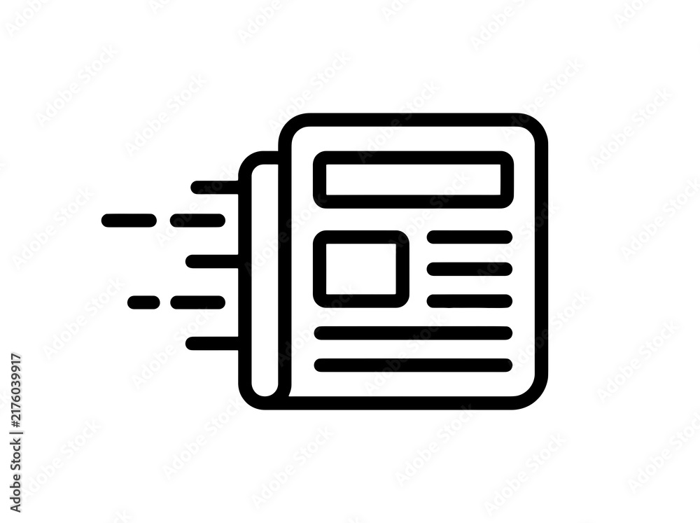 Fototapeta premium Fast newspaper icon with motion lines showing breaking news delivery and information spread
