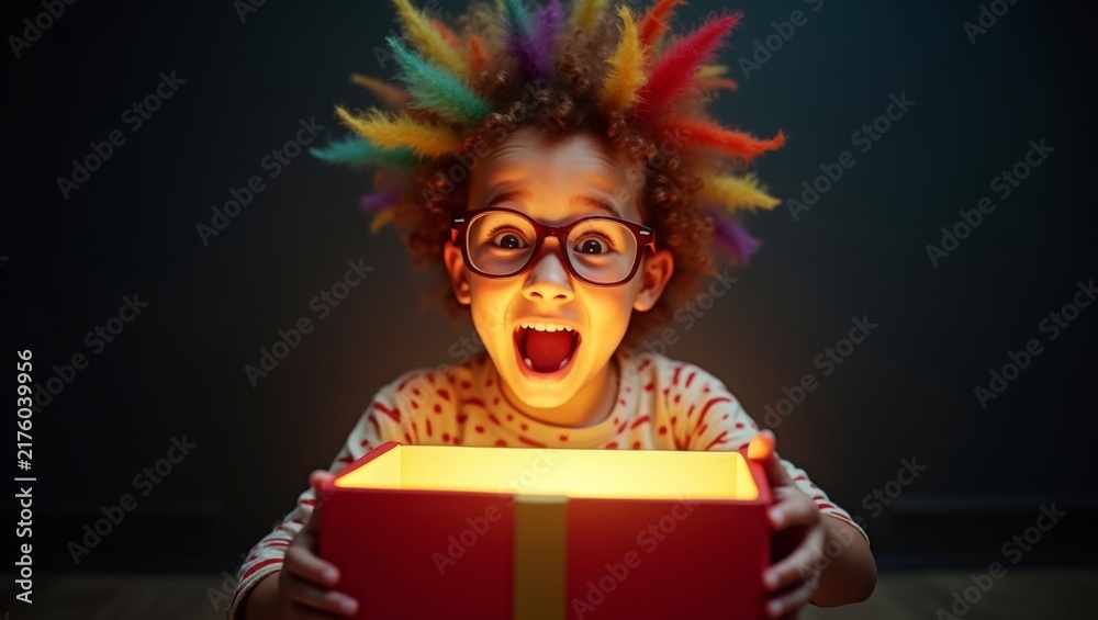 Obraz premium Excited child with wild colorful hair and glasses opening glowing christmas gift box, magical surprised expression, dark background