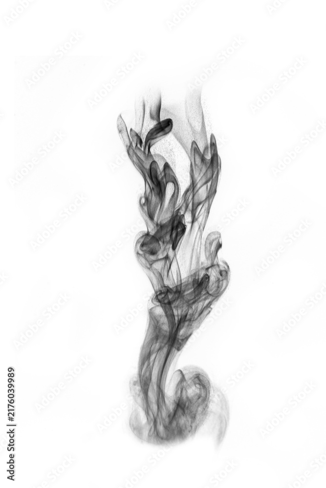 Obraz premium Black hot curly steam smoke isolated on white background. Abstract background, design element, for overlay on pictures. Create mystical photos