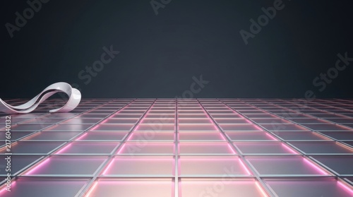 Breast cancer spatial background with glowing pink grid tiles and ribbon
