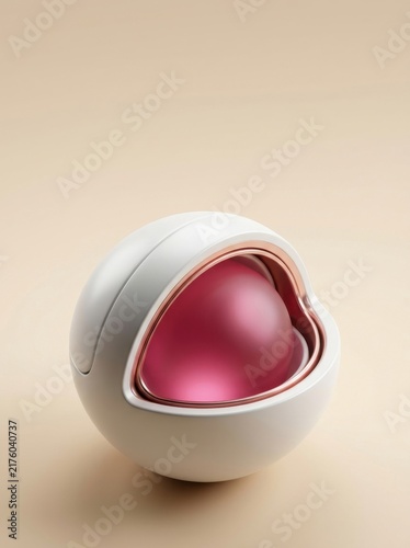 Abstract spatial background with pink heart inside white shell on beige backdrop
