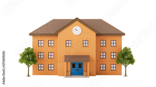 Orange school building with clock and trees, isolated on transparent background