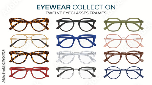 Very beautiful realistic vector illustration of a collection of twelve eyeglasses frames in varied modern shapes, TWELVE EYEGLASSES FRAMES • EYEWEAR COLLECTION, balanced arrangement, isolated on white