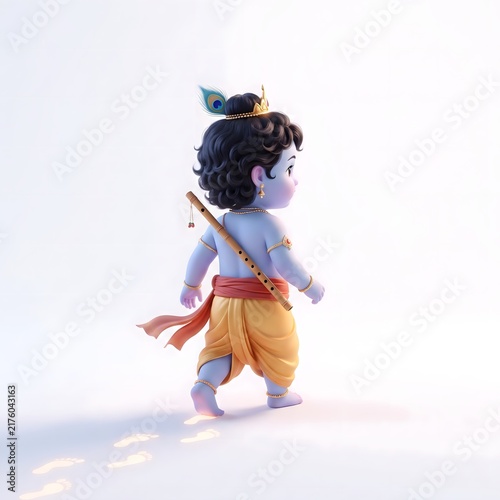 Divine 3D animation of cute baby Lord Krishna walking away with golden footprints on white background for Janmashtami festival greeting card and religious design.