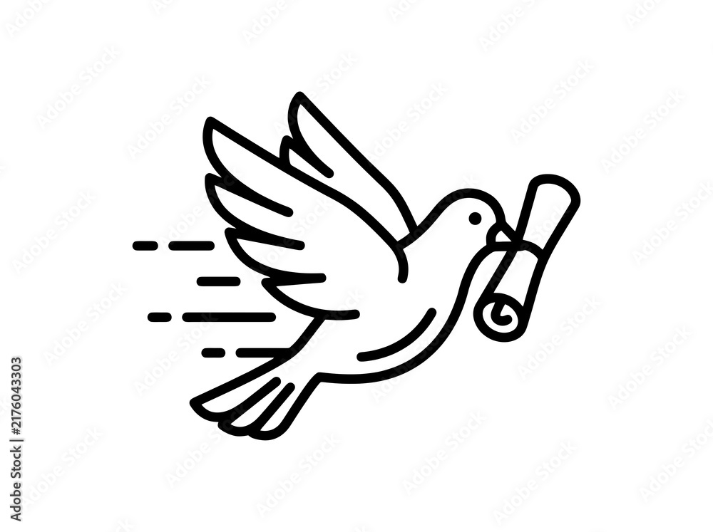 Fototapeta premium A white dove flies fast with a rolled scroll while symbolizing peace and communication