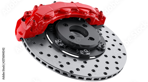 Canvastavla Shiny red performance brake caliper over vented metal disc rotor, isolated on tr