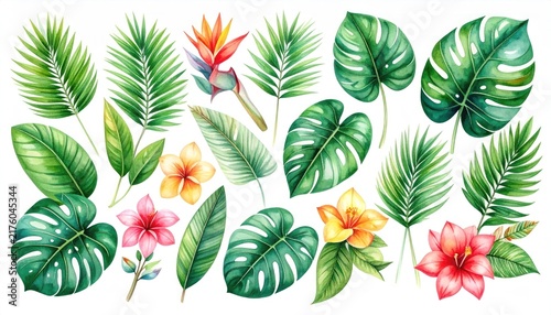 Watercolor painting of tropical palm leaves and exotic flowers.
