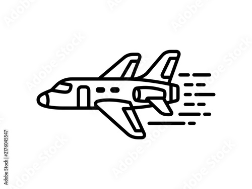 A black and white jet airplane in motion with speed lines suggesting fast travel and adventure