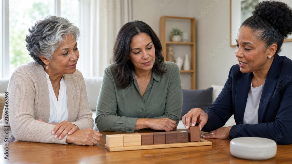 Fototapeta premium Pension appointment with trusted person: An older woman, adult daughter and adviser discuss retirement choices using a physical block timeline with no documents