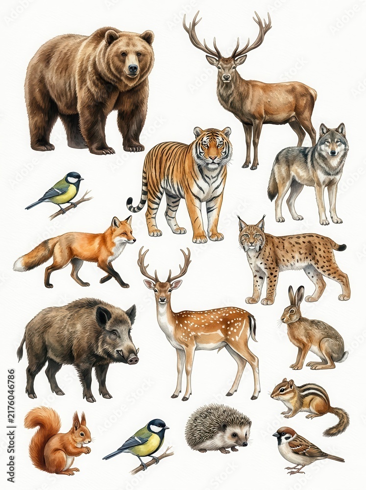Fototapeta premium Detailed Watercolor Illustration Collection of Diverse Wild Animals and Forest Wildlife Isolated on White Background