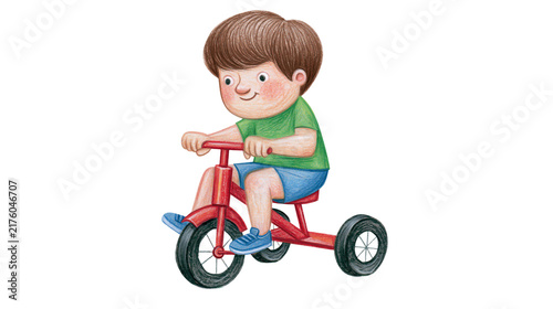 Young boy with brown hair riding a red tricycle, isolated on transparent background