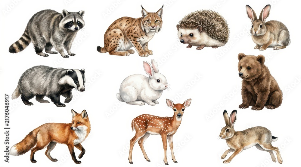 Fototapeta premium Set of realistic forest animal illustrations: fox, raccoon, lynx, bear, deer, badger, hedgehog, and rabbits on white.