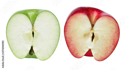 Canvas Print Two apple halves one green and one red, isolated on transparent background