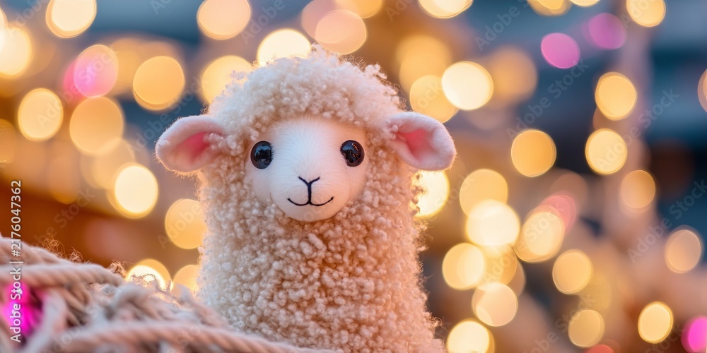 Obraz premium Stuffed plush toy sheep decoration festive bokeh Christmas winter glow holiday celebrations theme.